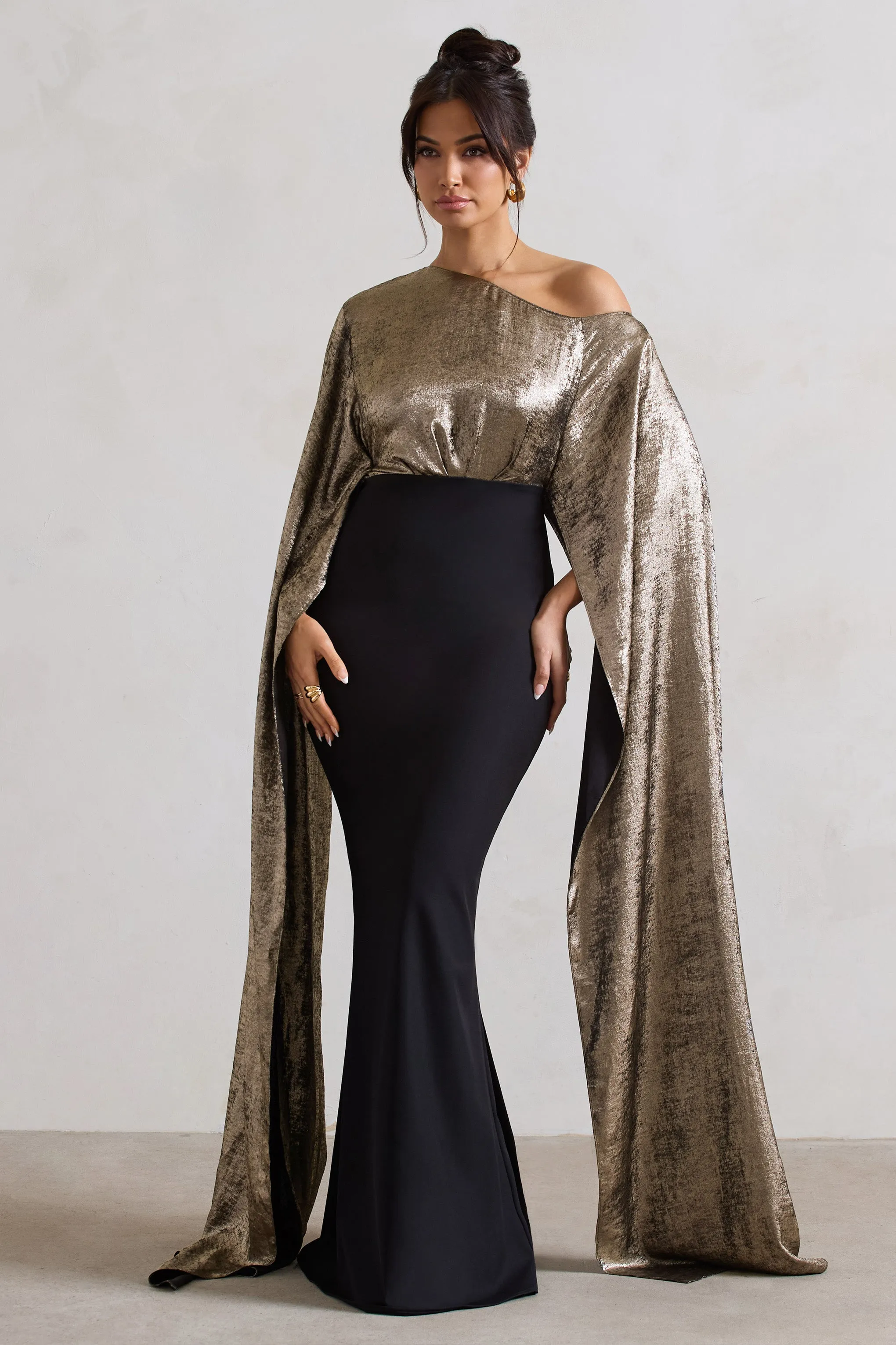 Alura | Black & Gold Metallic One Shoulder Cape Maxi Dress