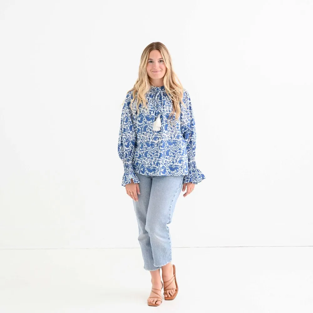 Amaranth Blue Flounce Sleeve Blouse