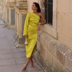 Asymmetric One Shoulder Bell Sleeve Split Midi Dress - Chartreuse Yellow