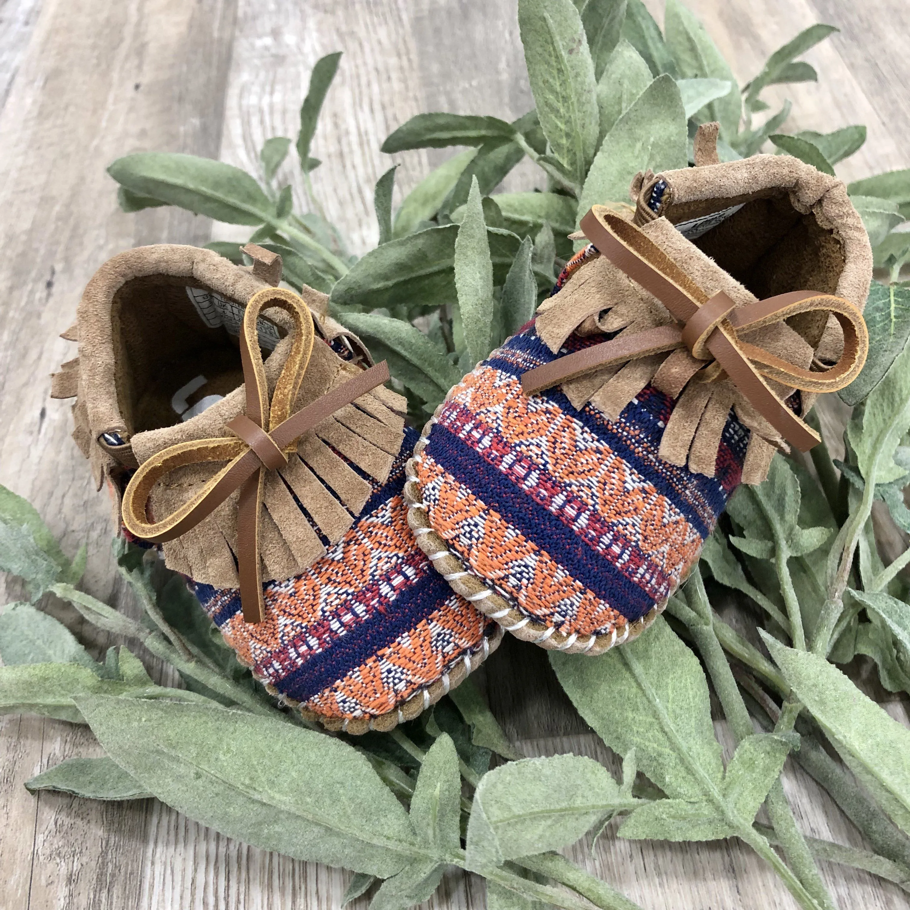 BABY/TODDLER: Moccasins in Multi-Colored Striped Print and Chestnut Fringe*