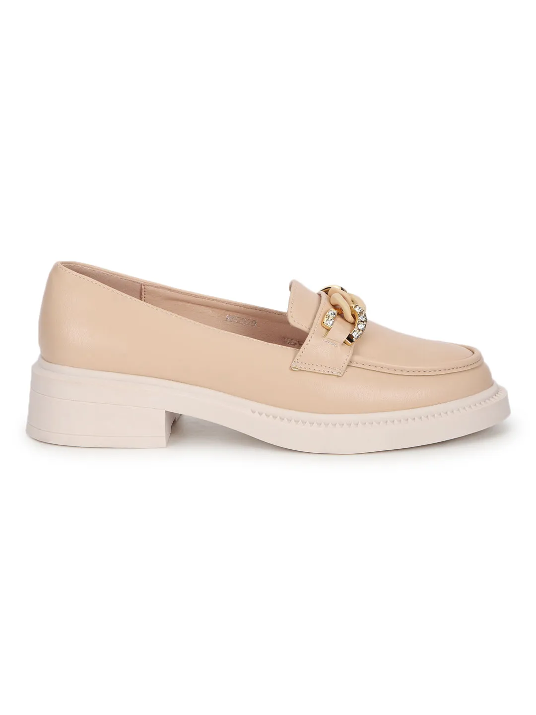 Beige PU Embellished Slip-On Heel Loafers (TC-RS3589-BEIG)