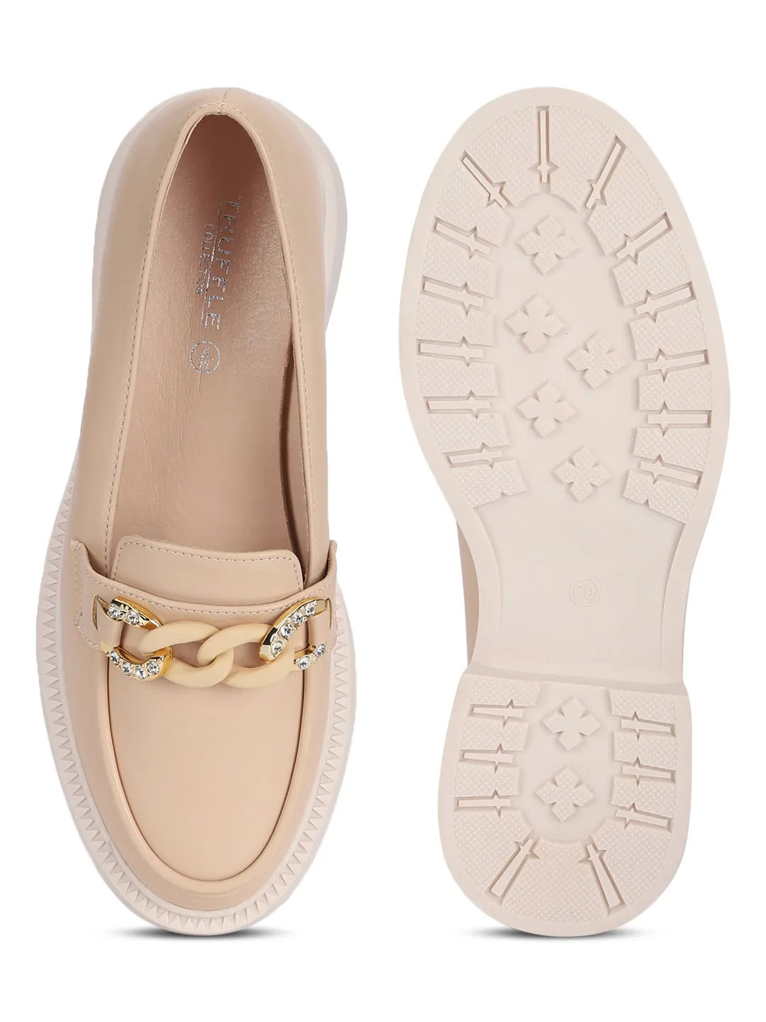 Beige PU Embellished Slip-On Heel Loafers (TC-RS3589-BEIG)