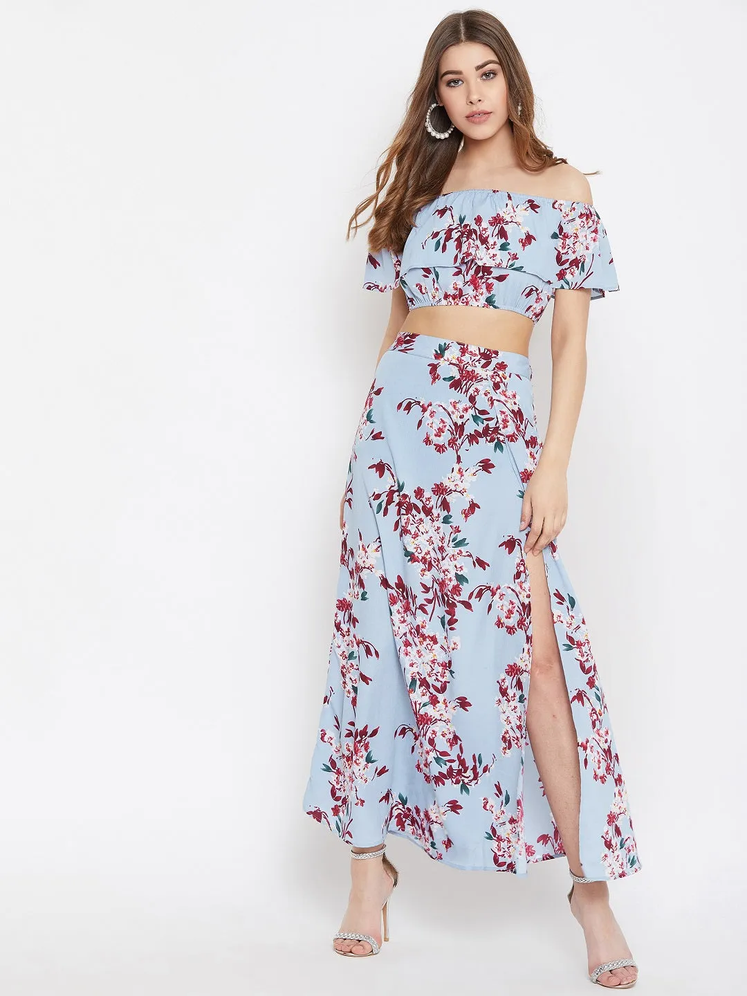 Berrylush Women Blue Floral Printed Off-Shoulder Thigh-High Slit Co-Ordinate Maxi Dress