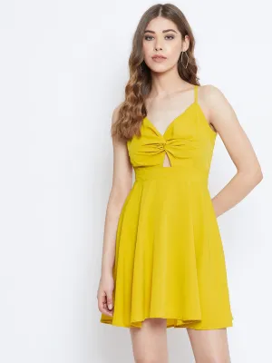 Berrylush Women Solid Yellow Front Twist Knot Fit & Flare Mini Dress