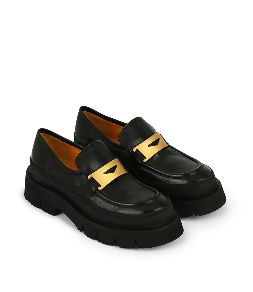 Black Leather Chunky Loafer With Shearling