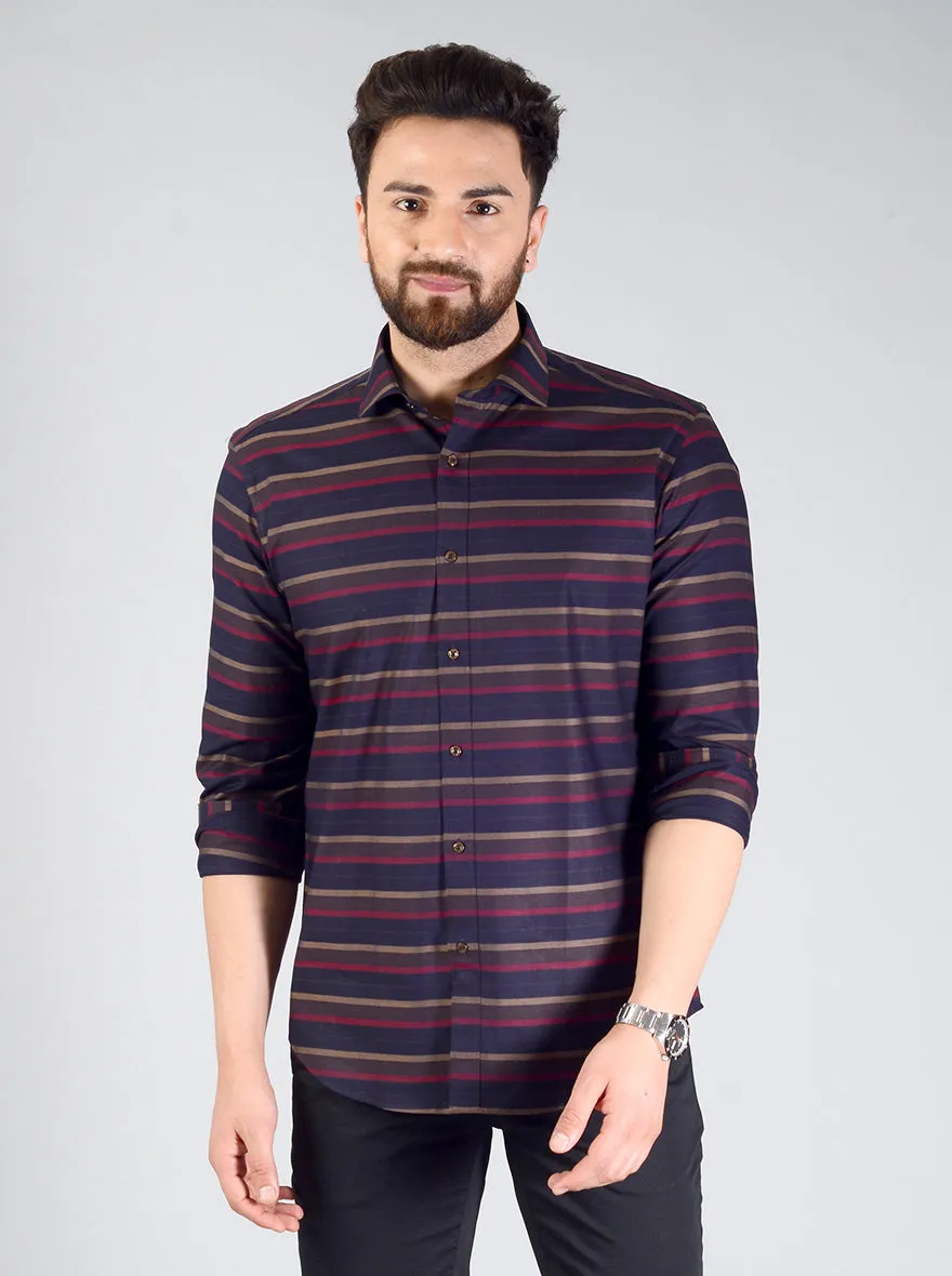 Blue & Red Striped Slim Fit Evening Wear Shirt | Metal