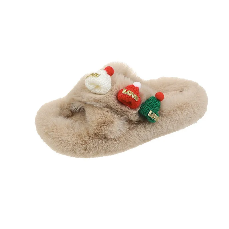 Christmas Fluffy Slippers for Women – Cozy Holiday-Themed Indoor Slippers with Cute Hat Charms