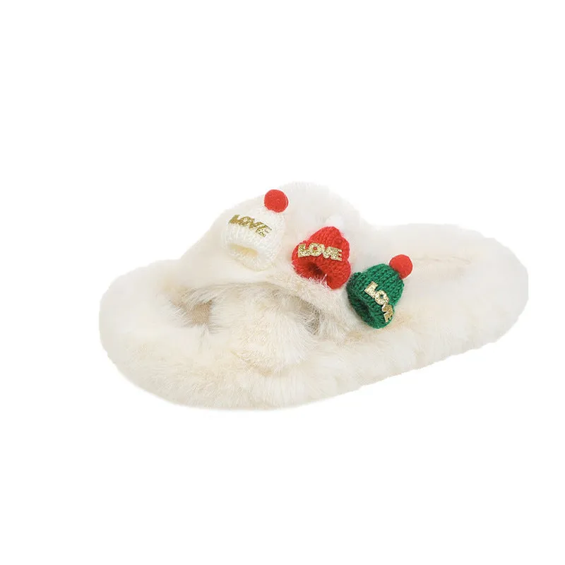 Christmas Fluffy Slippers for Women – Cozy Holiday-Themed Indoor Slippers with Cute Hat Charms