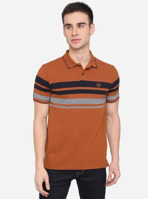 Copper Brown Striped Slim Fit Polo T-Shirt | Greenfibre