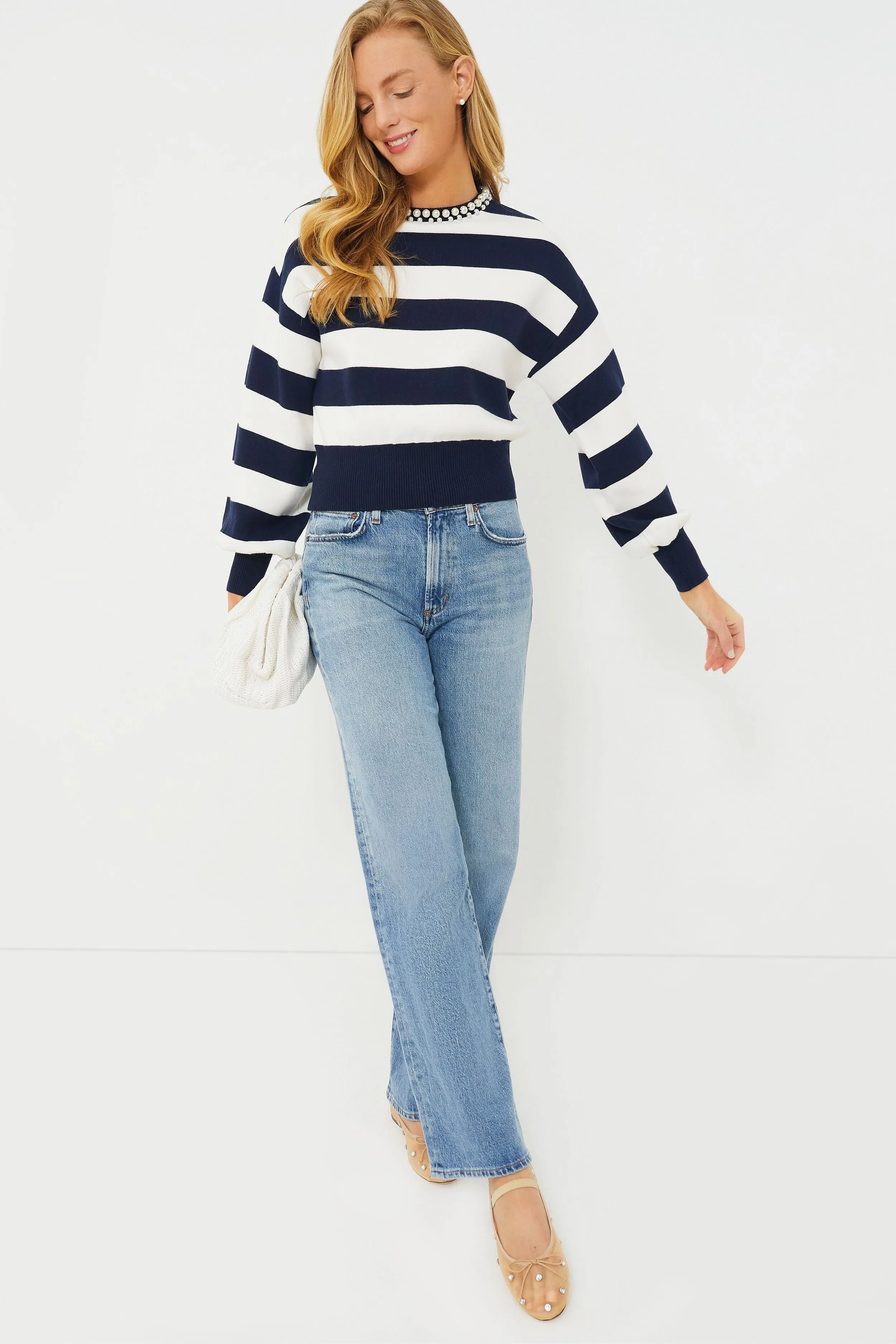 French Navy Awning Stripe Pearl Sweater