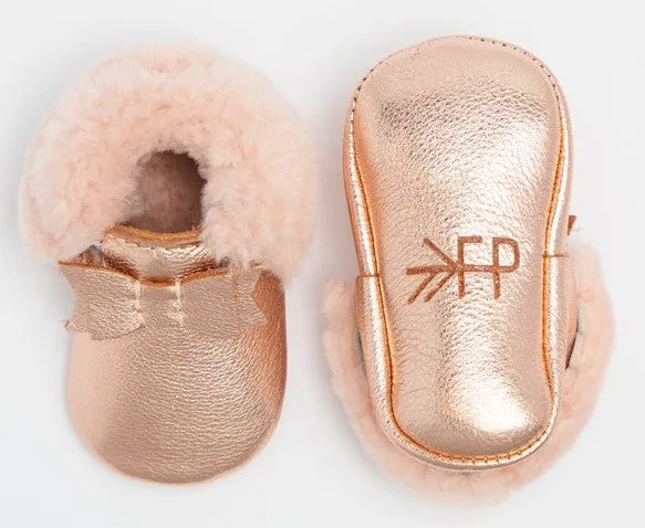 Freshly Picked Rose Gold with Pink Shearling Bow Soft Sole Mocc