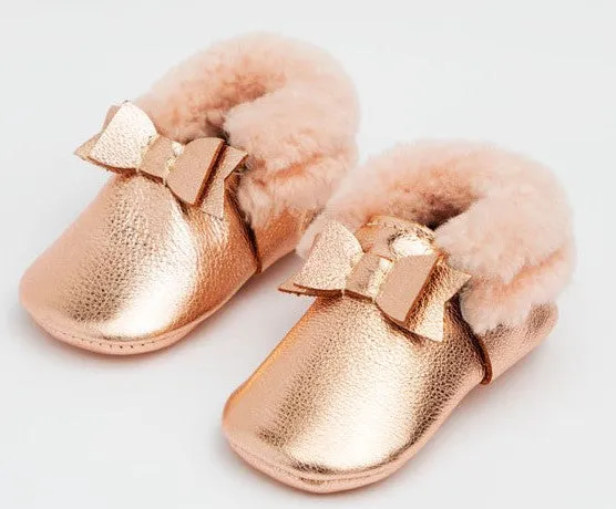 Freshly Picked Rose Gold with Pink Shearling Bow Soft Sole Mocc