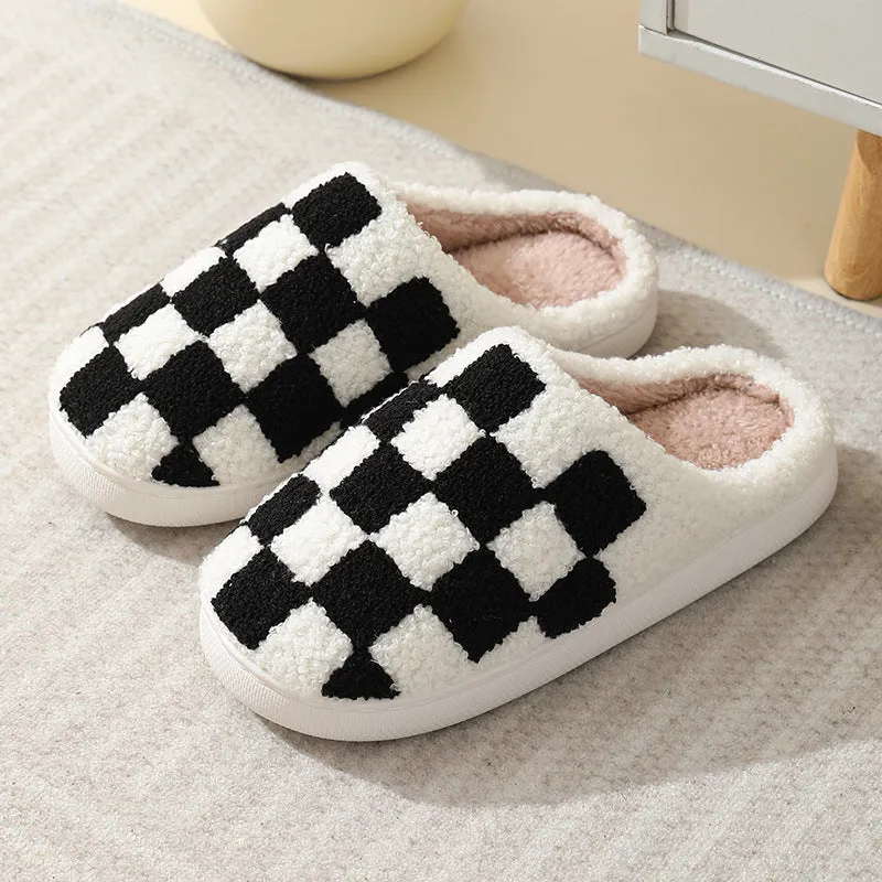 Fuzzy Plaid Warm Indoor Slippers