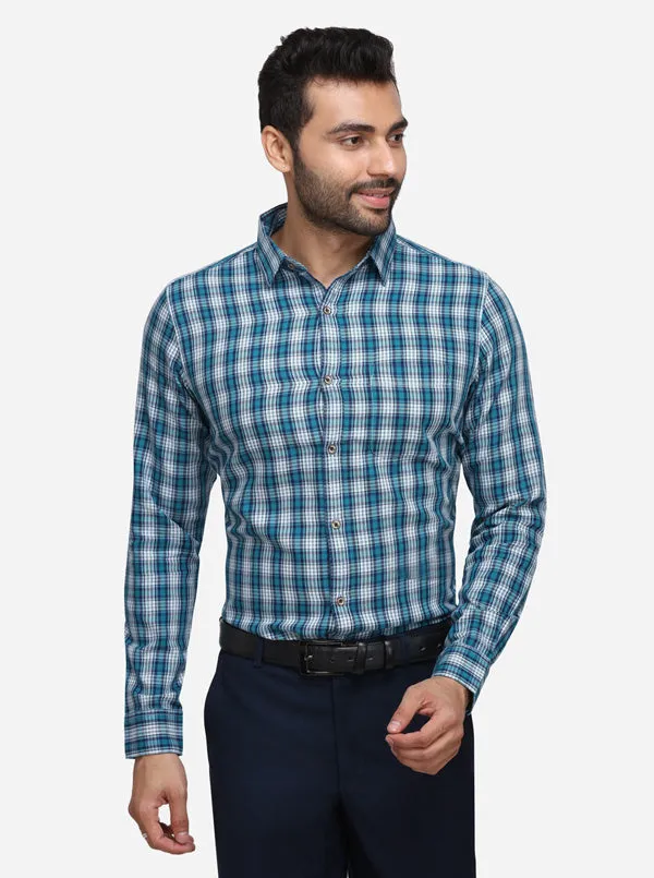 Green & White Checked Slim Fit Casual Shirt | JadeBlue