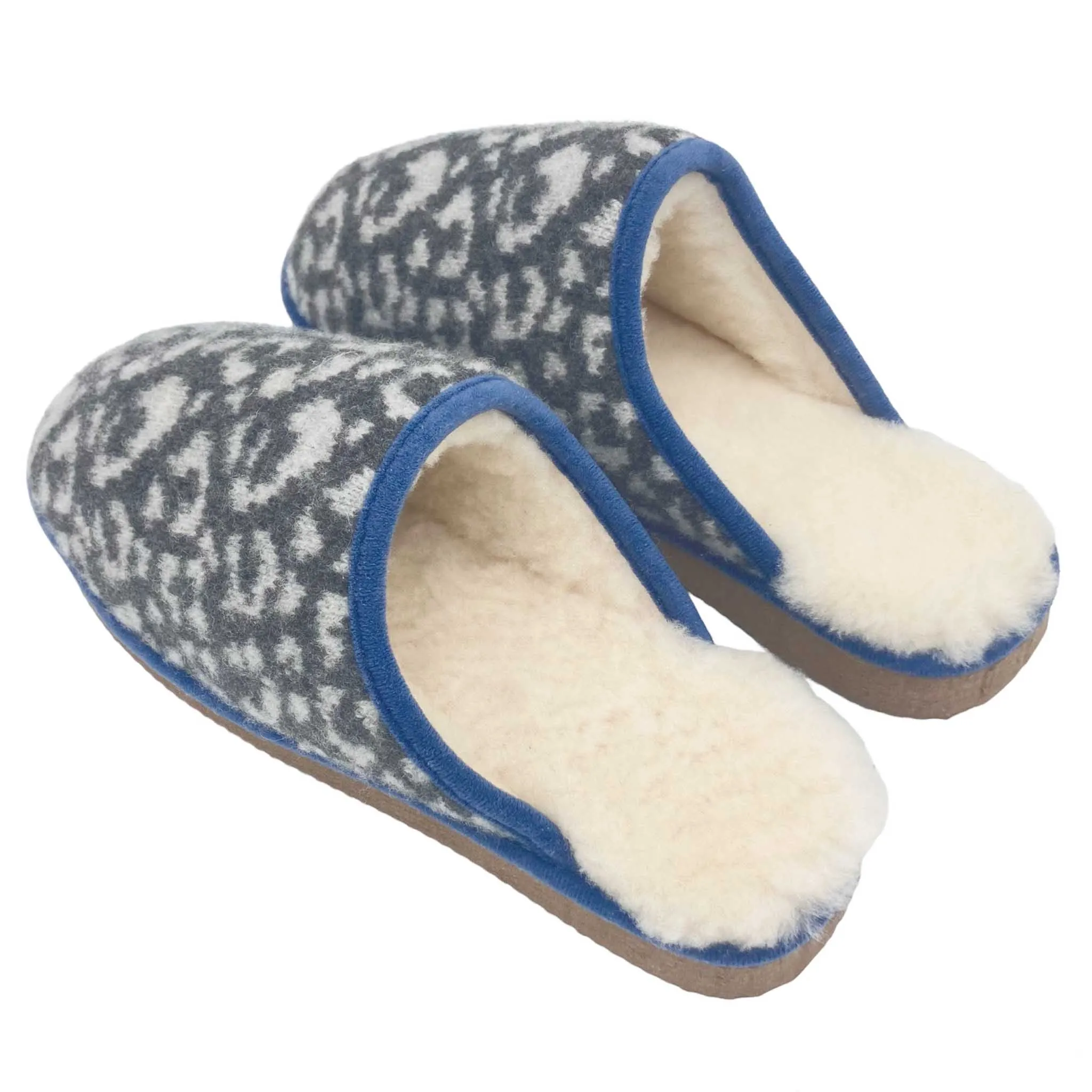 Grey Leopard Lambswool & Sheepskin Slippers - SMALL ONLY