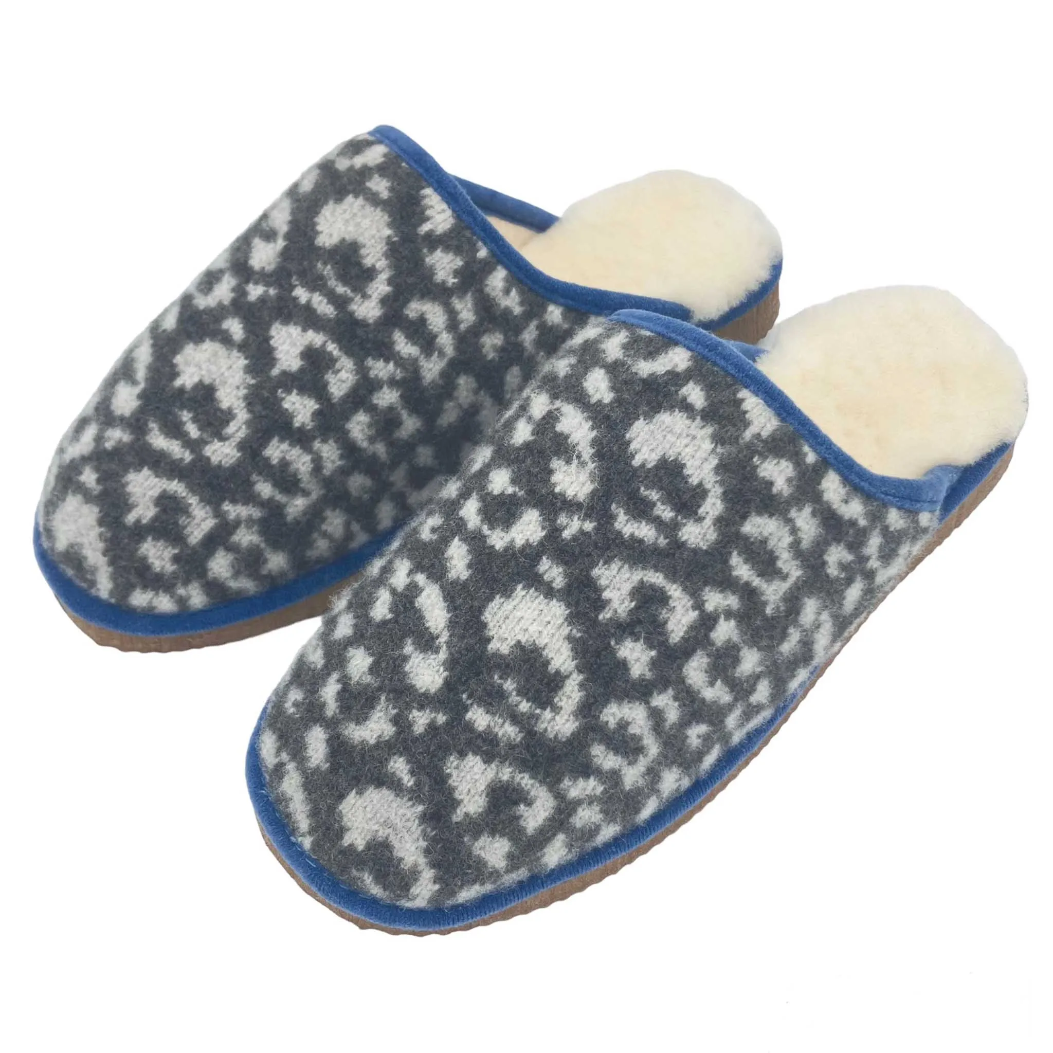 Grey Leopard Lambswool & Sheepskin Slippers - SMALL ONLY