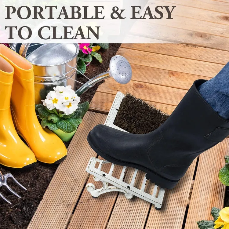 Heavy Duty White Cast Iron Angled Shoe Scraper and Scrubber Mat, Footwear Dirt Cleaning Brush and Boot Puller for Porch