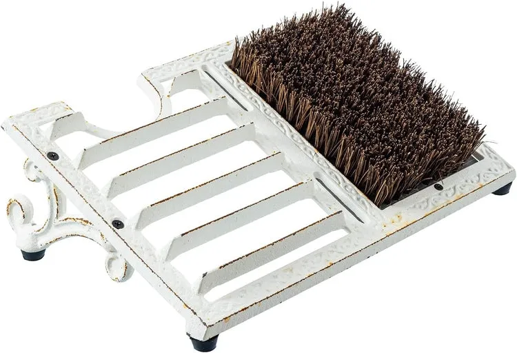 Heavy Duty White Cast Iron Angled Shoe Scraper and Scrubber Mat, Footwear Dirt Cleaning Brush and Boot Puller for Porch