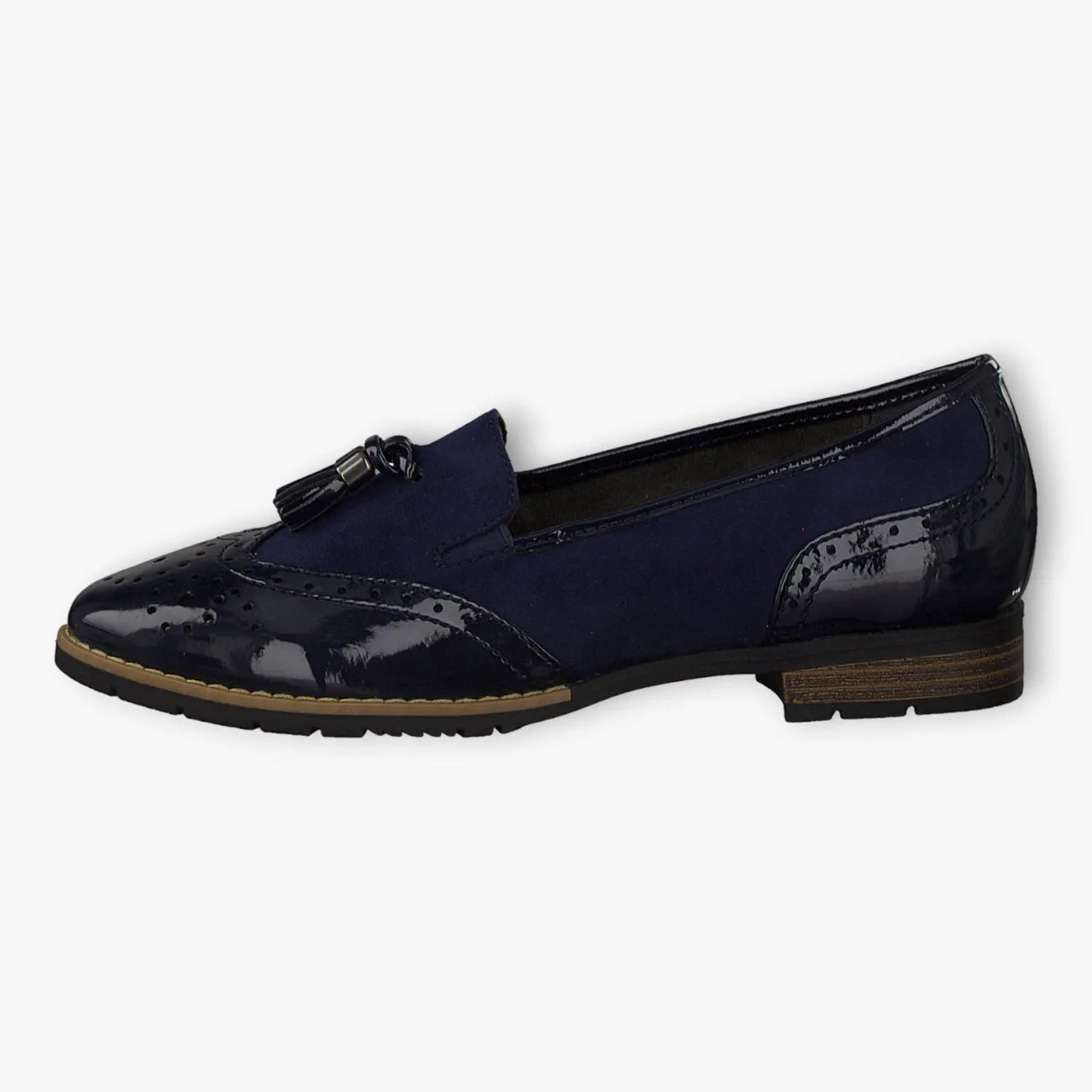 Jana Navy Brogue-Style Slip-On Loafers with Brown Side Sole