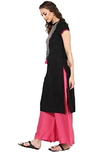 Kurti (New Latest Casual 3/4 Sleeve Round Neck Black Knee Long Length Solid embroidered Party Wear Low Price Women's Designer Ethnic Kurti Kurta in Rayon on sale for Girls Ladies In all Sizes under women clothing)