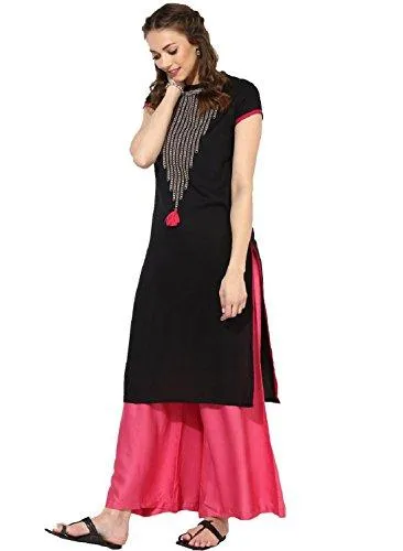 Kurti (New Latest Casual 3/4 Sleeve Round Neck Black Knee Long Length Solid embroidered Party Wear Low Price Women's Designer Ethnic Kurti Kurta in Rayon on sale for Girls Ladies In all Sizes under women clothing)