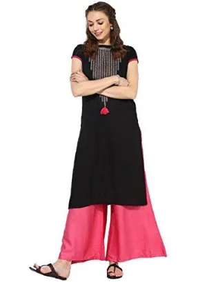 Kurti (New Latest Casual 3/4 Sleeve Round Neck Black Knee Long Length Solid embroidered Party Wear Low Price Women's Designer Ethnic Kurti Kurta in Rayon on sale for Girls Ladies In all Sizes under women clothing)