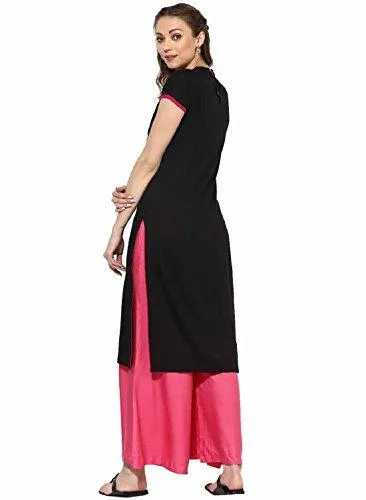 Kurti (New Latest Casual 3/4 Sleeve Round Neck Black Knee Long Length Solid embroidered Party Wear Low Price Women's Designer Ethnic Kurti Kurta in Rayon on sale for Girls Ladies In all Sizes under women clothing)