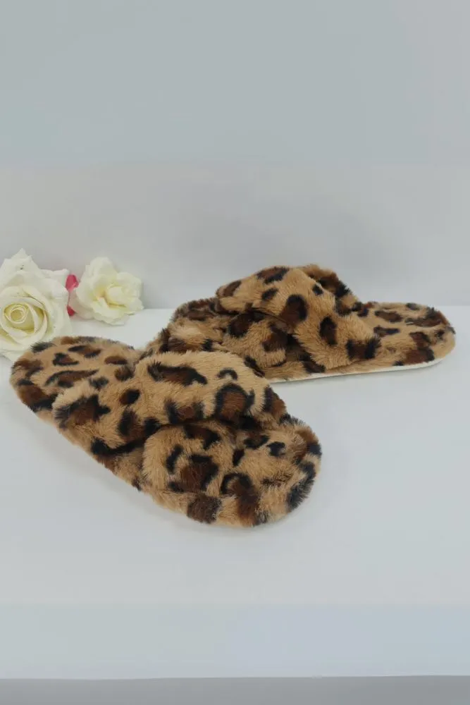 Leopard Pattern Fluffy Fur Cross Strap Slipper