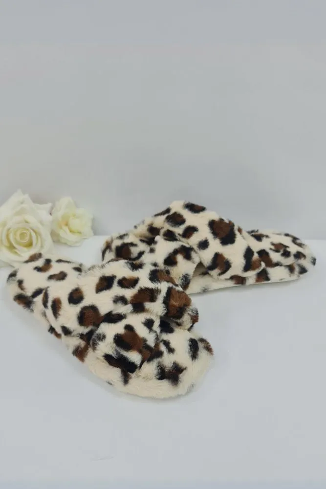 Leopard Pattern Fluffy Fur Cross Strap Slipper