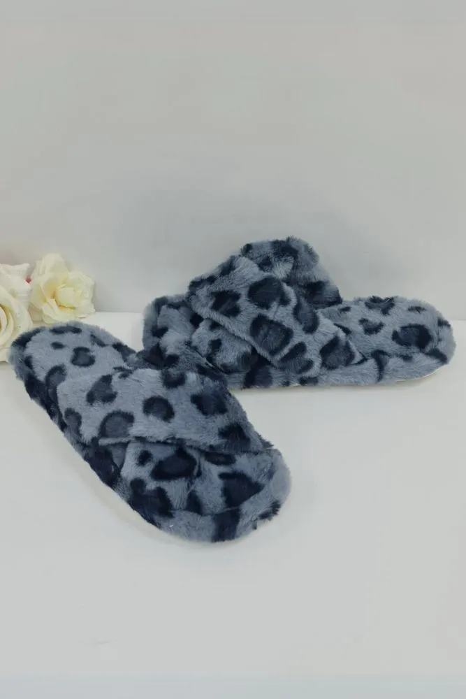 Leopard Pattern Fluffy Fur Cross Strap Slipper