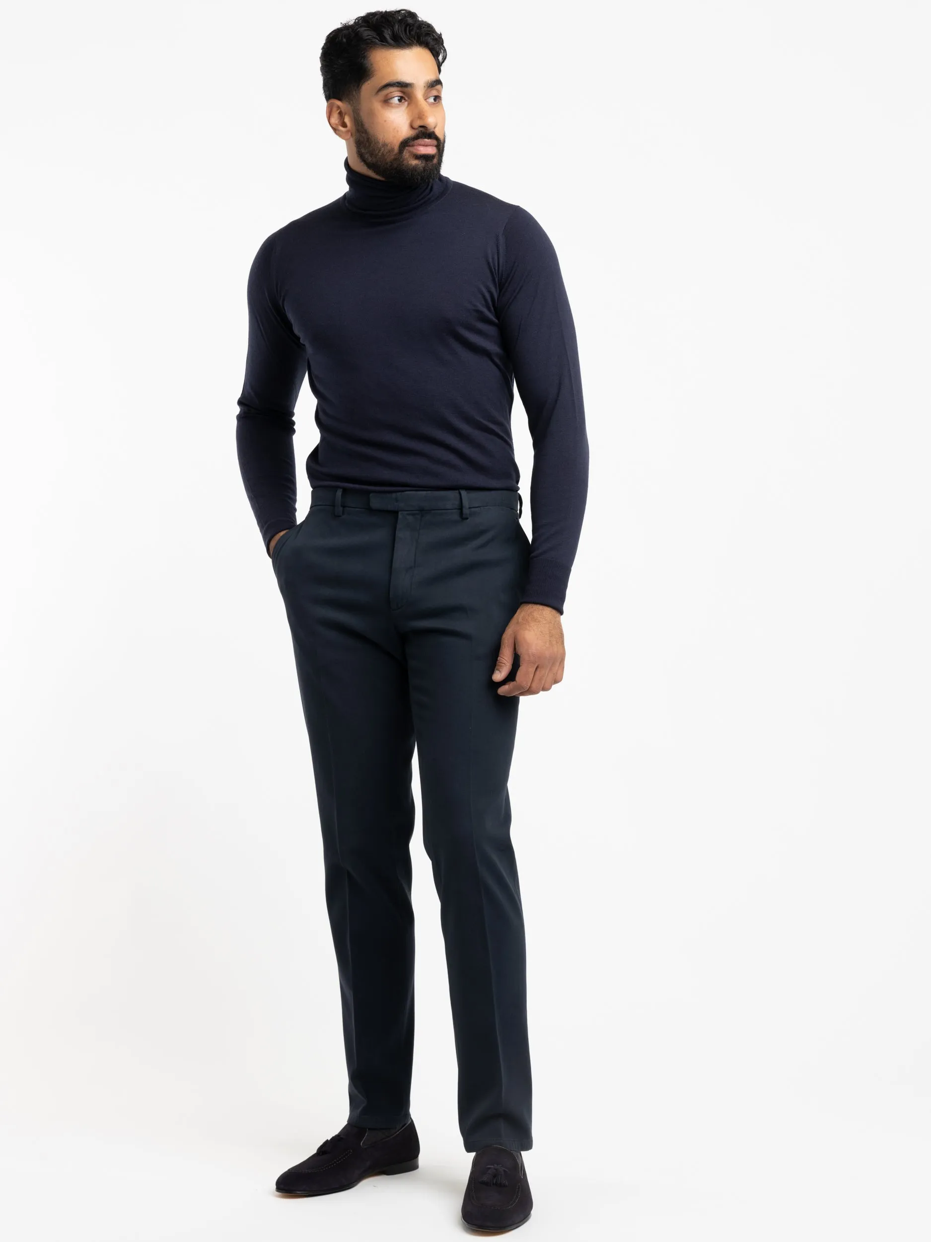 Navy Cotton Pleated Trousers