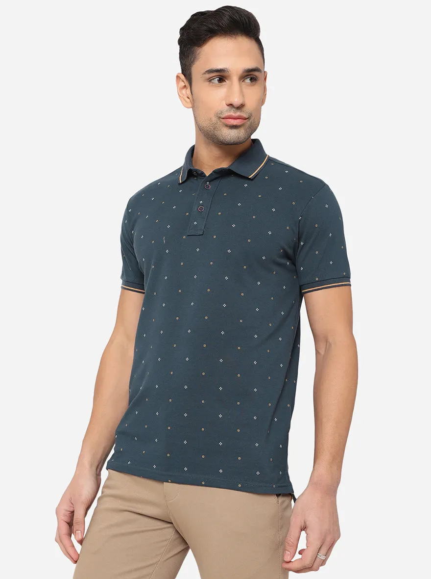 Peacock Blue Printed Slim Fit Polo T-Shirt | JadeBlue