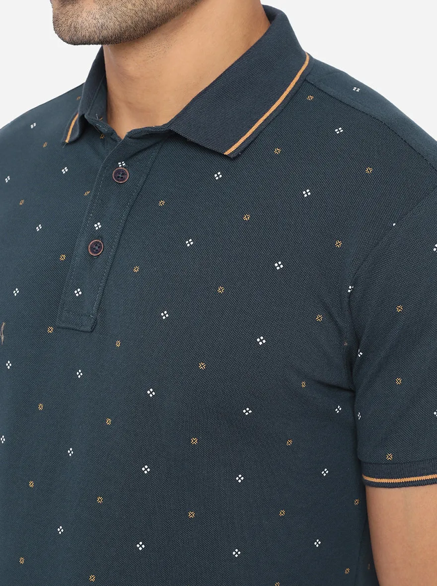 Peacock Blue Printed Slim Fit Polo T-Shirt | JadeBlue