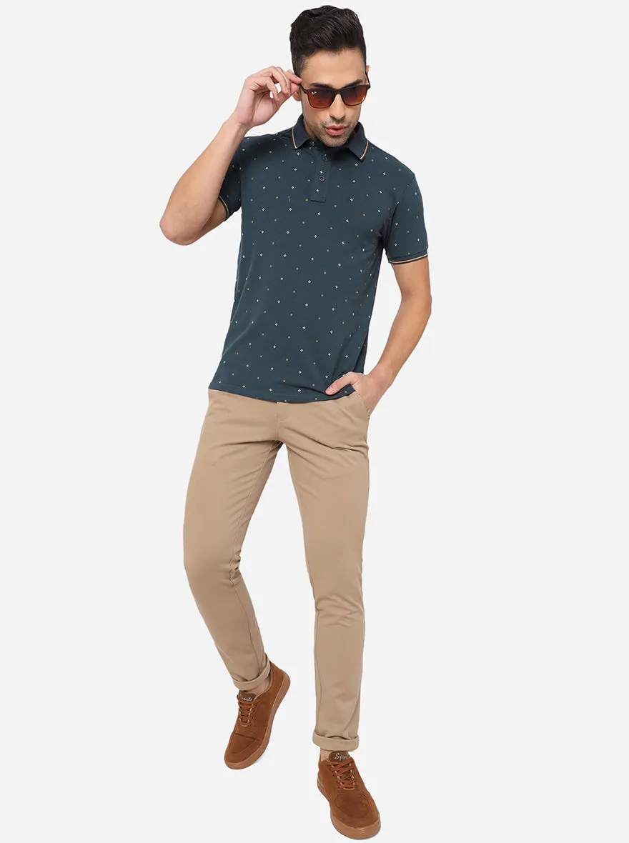 Peacock Blue Printed Slim Fit Polo T-Shirt | JadeBlue