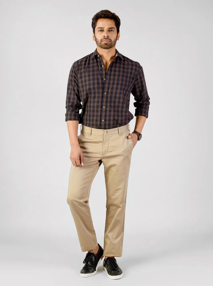 Peanut Brown Solid Slim Fit Casual Trouser | Greenfibre