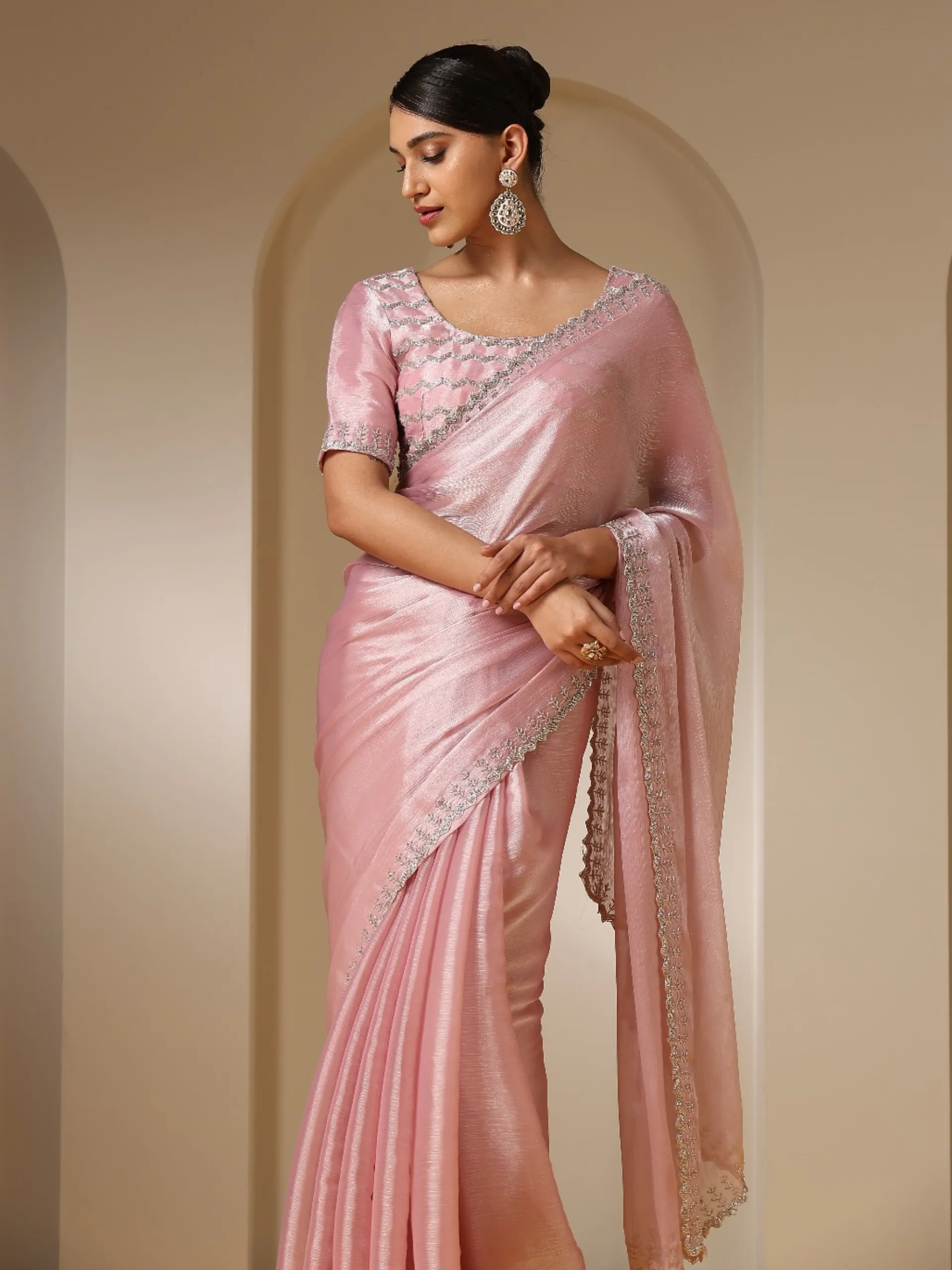 Pink Treasure Satin Organza Saree with Hand Cut Dana Embroidery and Blouse Fabric