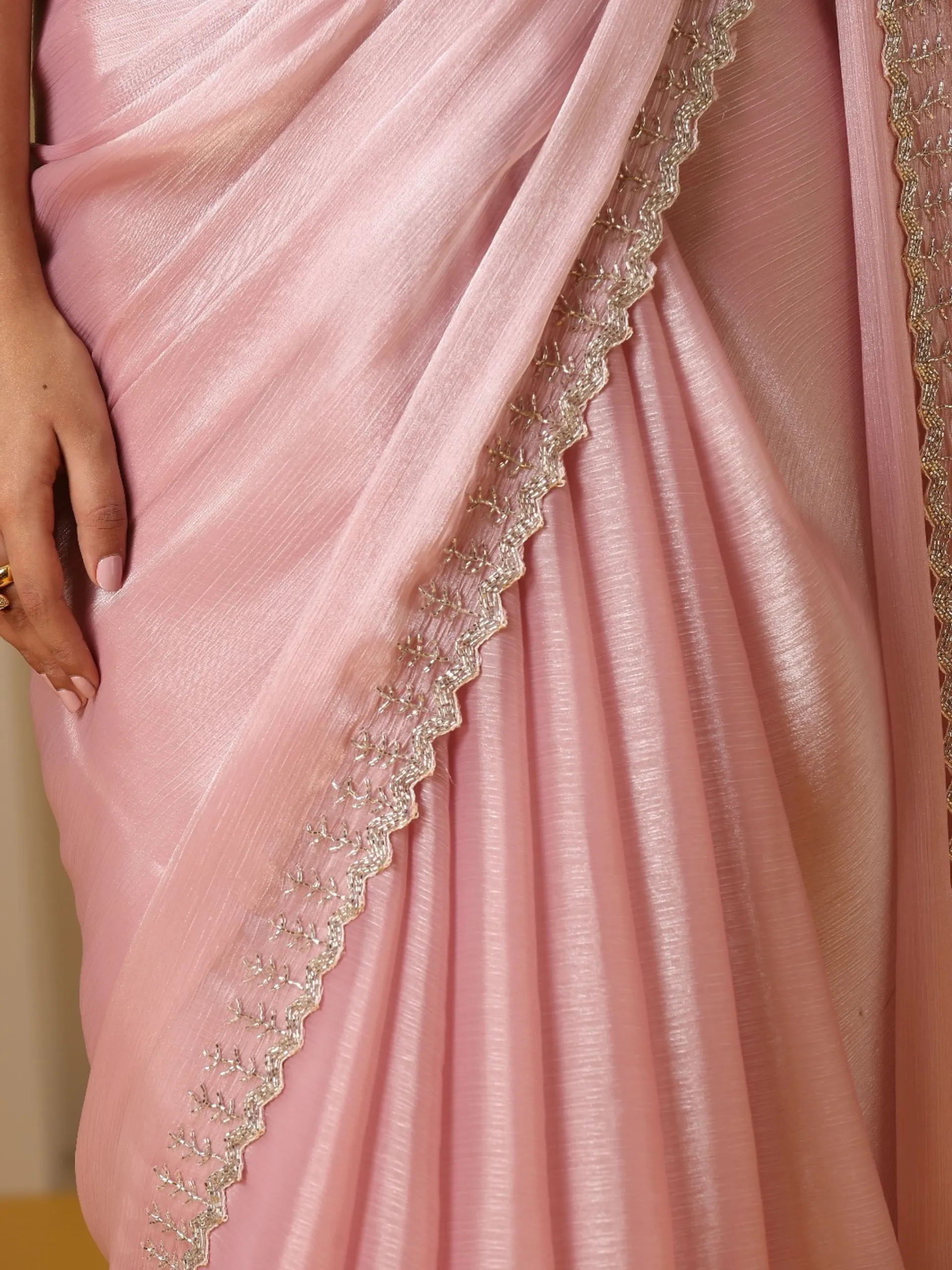 Pink Treasure Satin Organza Saree with Hand Cut Dana Embroidery and Blouse Fabric