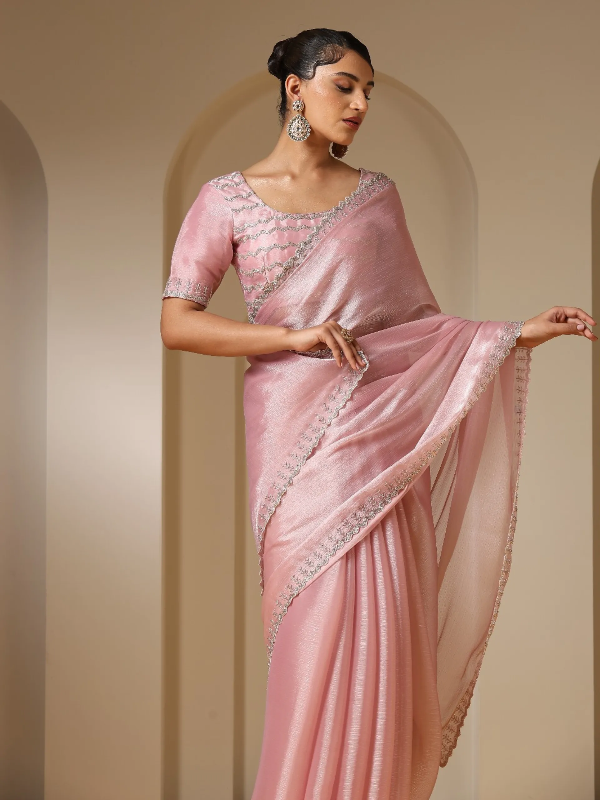 Pink Treasure Satin Organza Saree with Hand Cut Dana Embroidery and Blouse Fabric