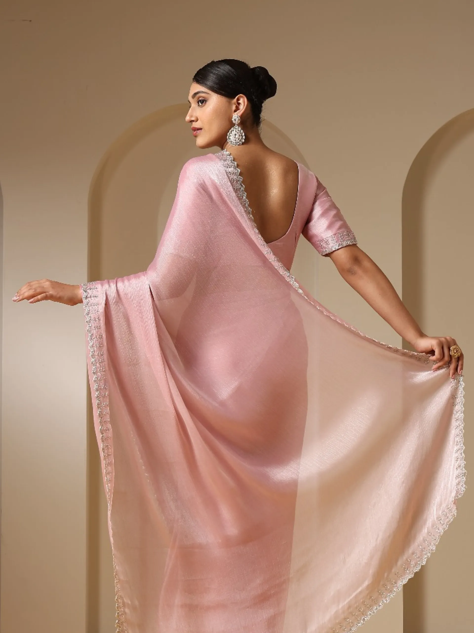 Pink Treasure Satin Organza Saree with Hand Cut Dana Embroidery and Blouse Fabric