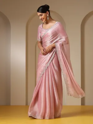 Pink Treasure Satin Organza Saree with Hand Cut Dana Embroidery and Blouse Fabric