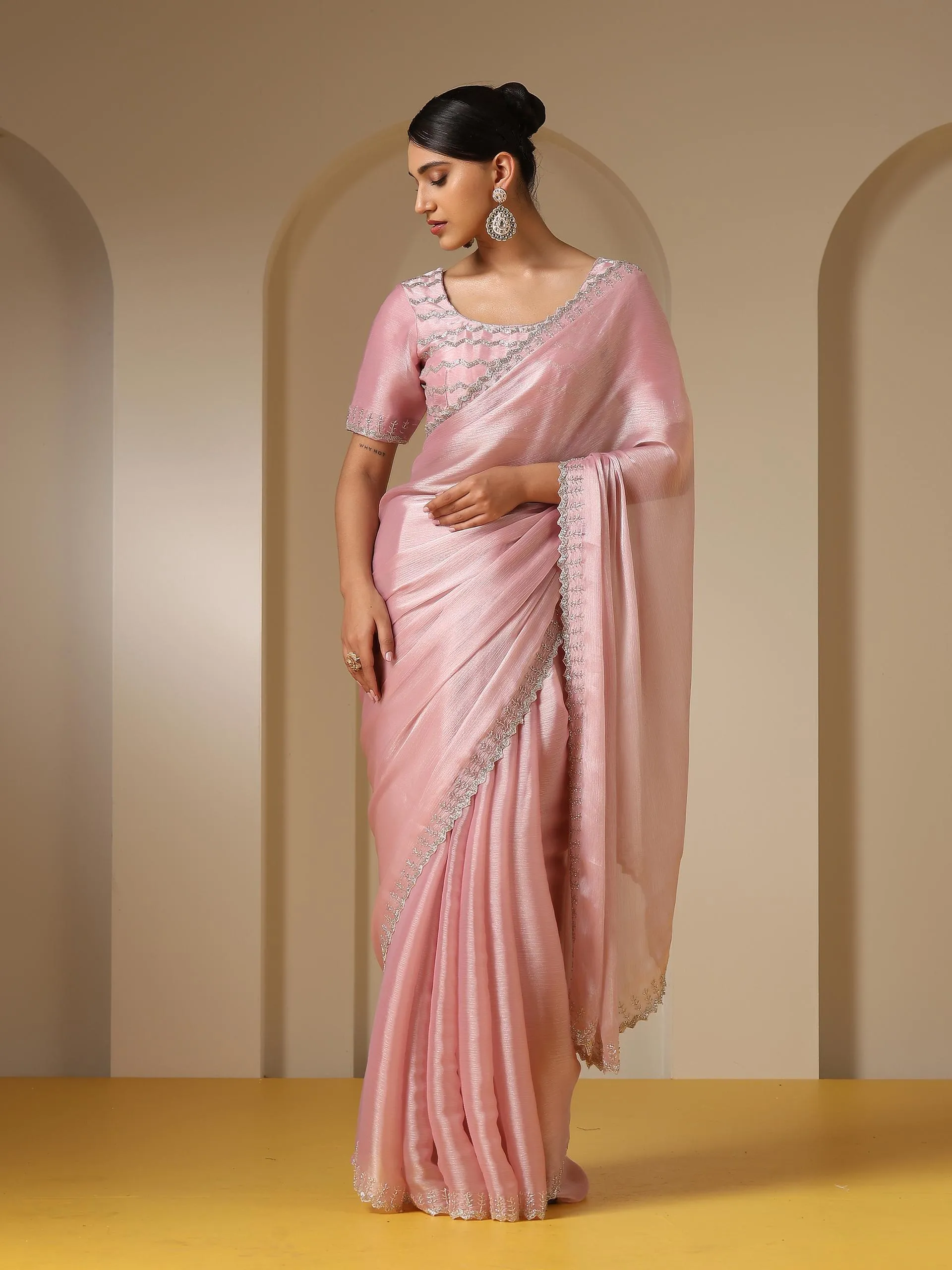 Pink Treasure Satin Organza Saree with Hand Cut Dana Embroidery and Blouse Fabric