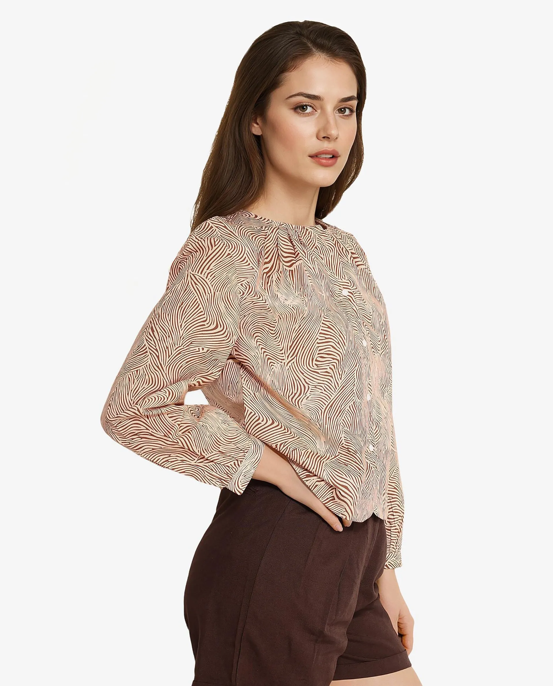 Rareism Women Jaylone Beige Cuffed Sleeve Round Neck Button Geometric Print Top