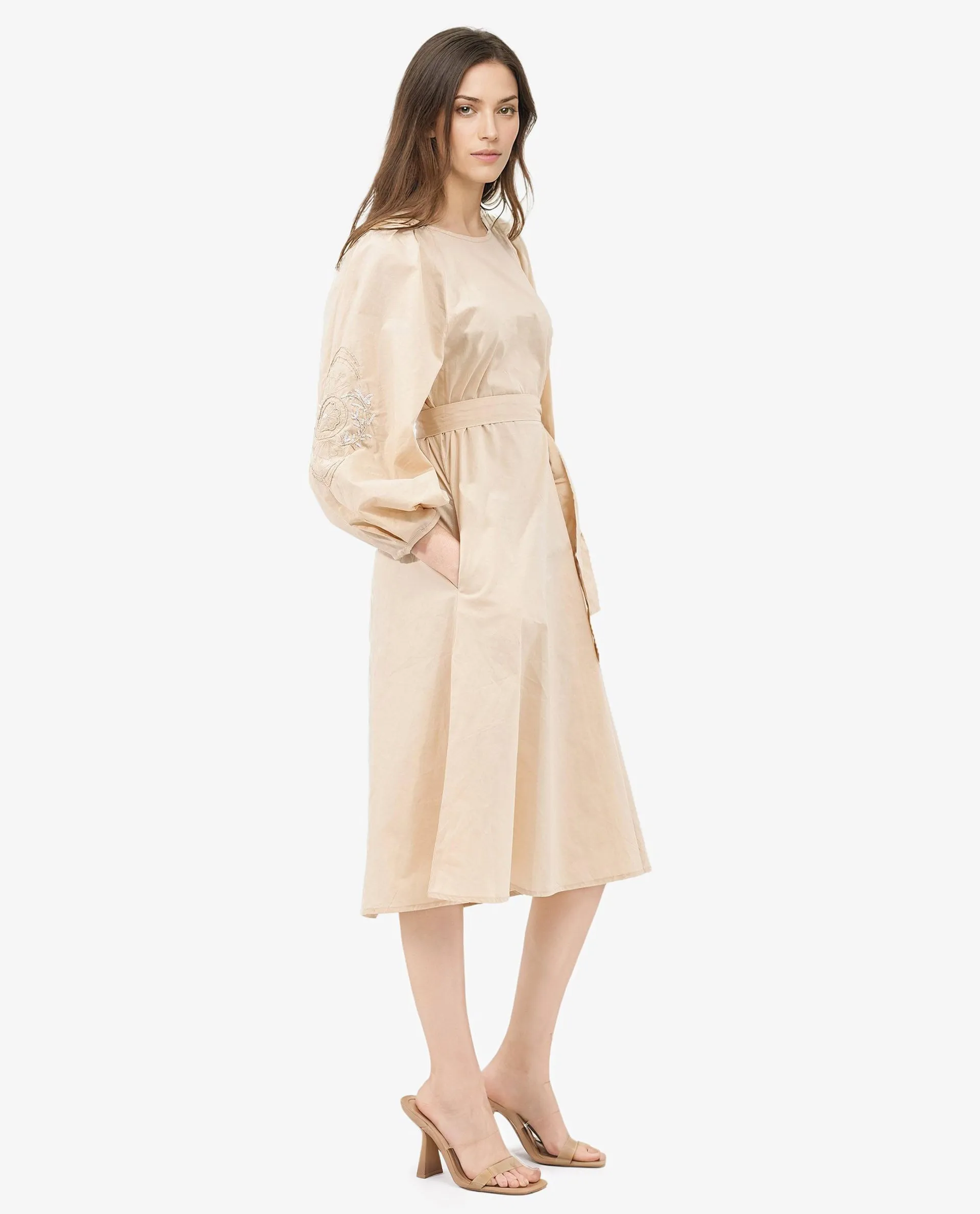 Rareism Womens Asta Light Beige Dress Long Sleeve Solid