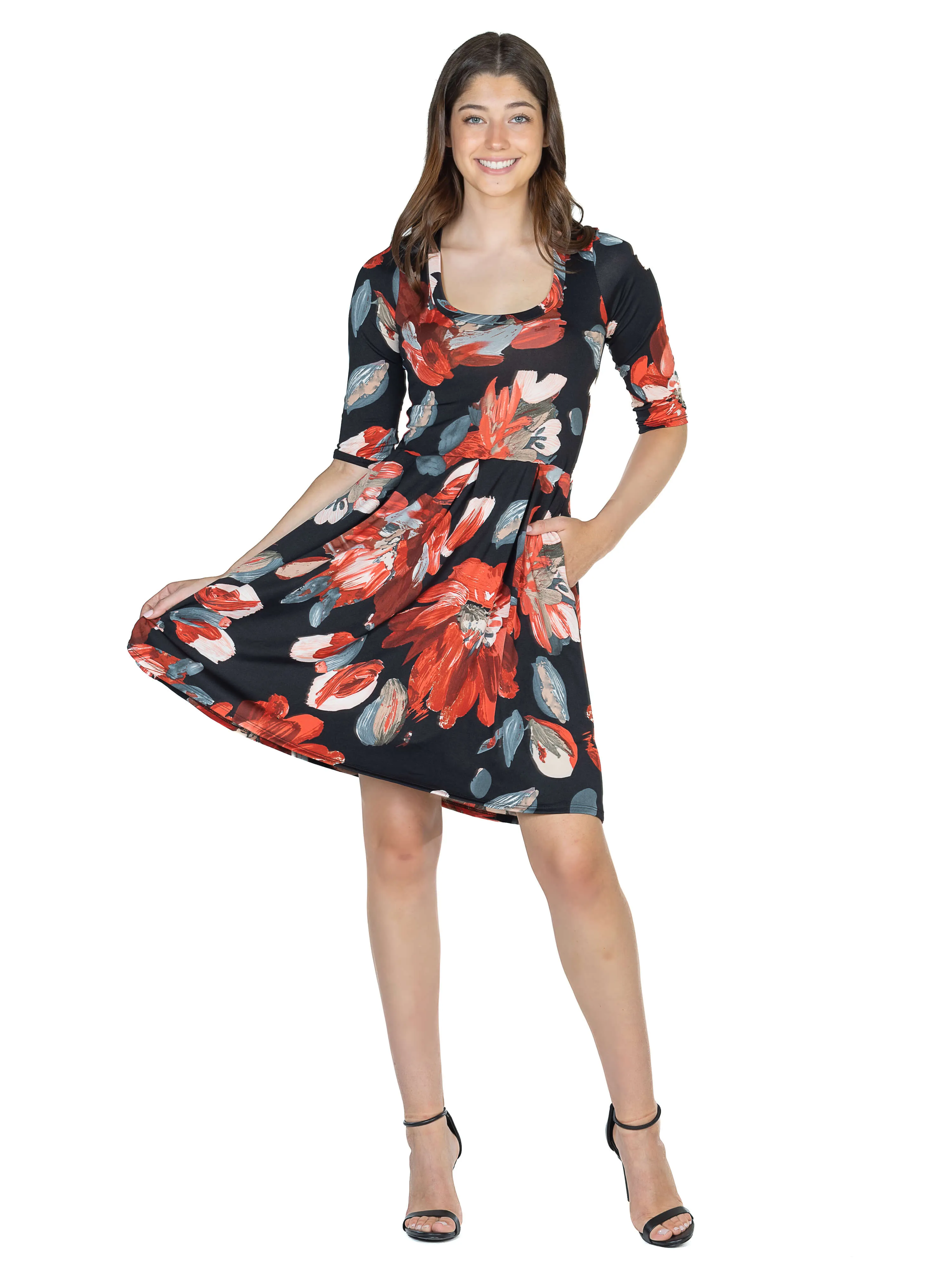 Red Floral Three Quarter Sleeve Pleated Dress