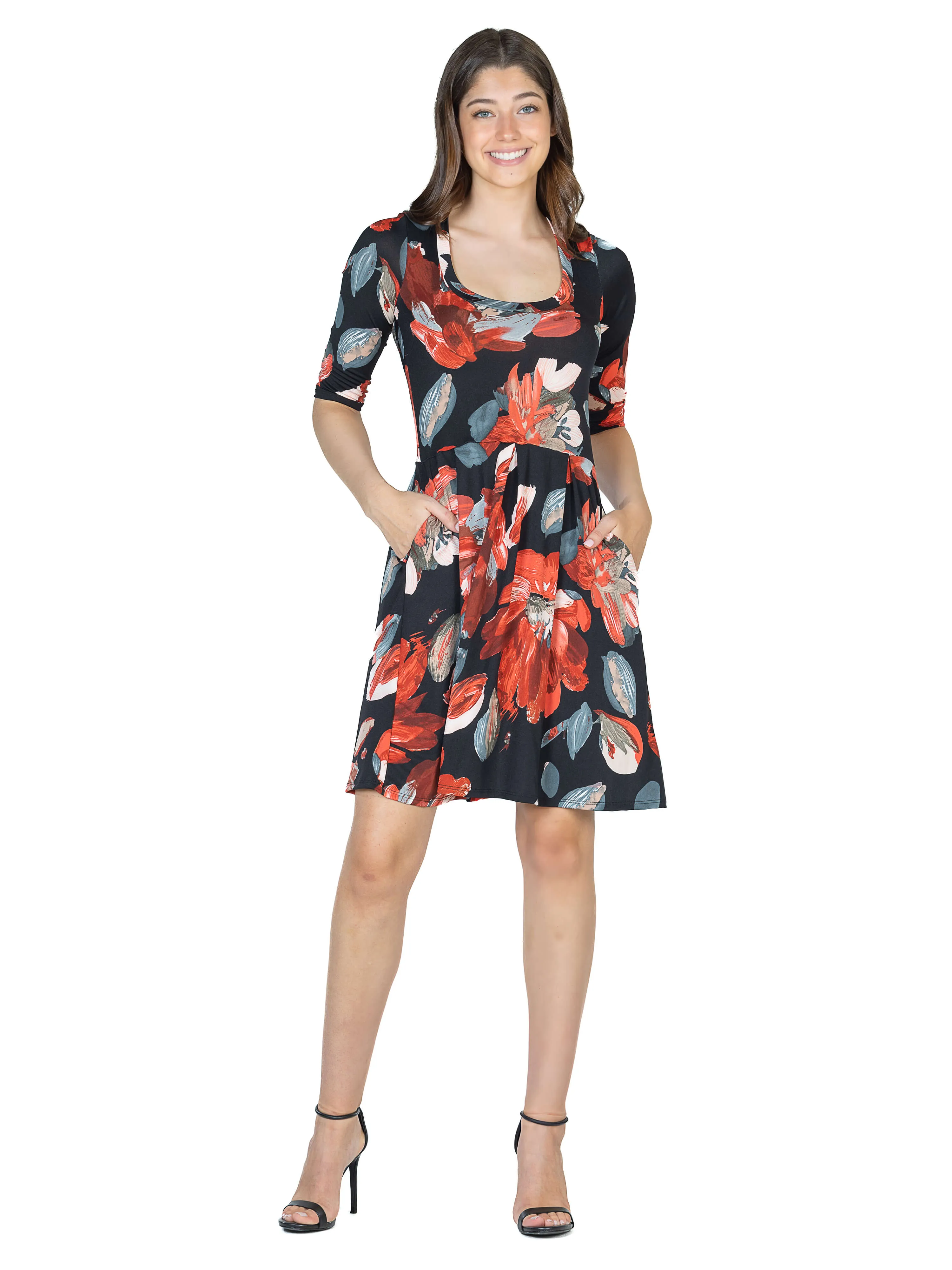 Red Floral Three Quarter Sleeve Pleated Dress