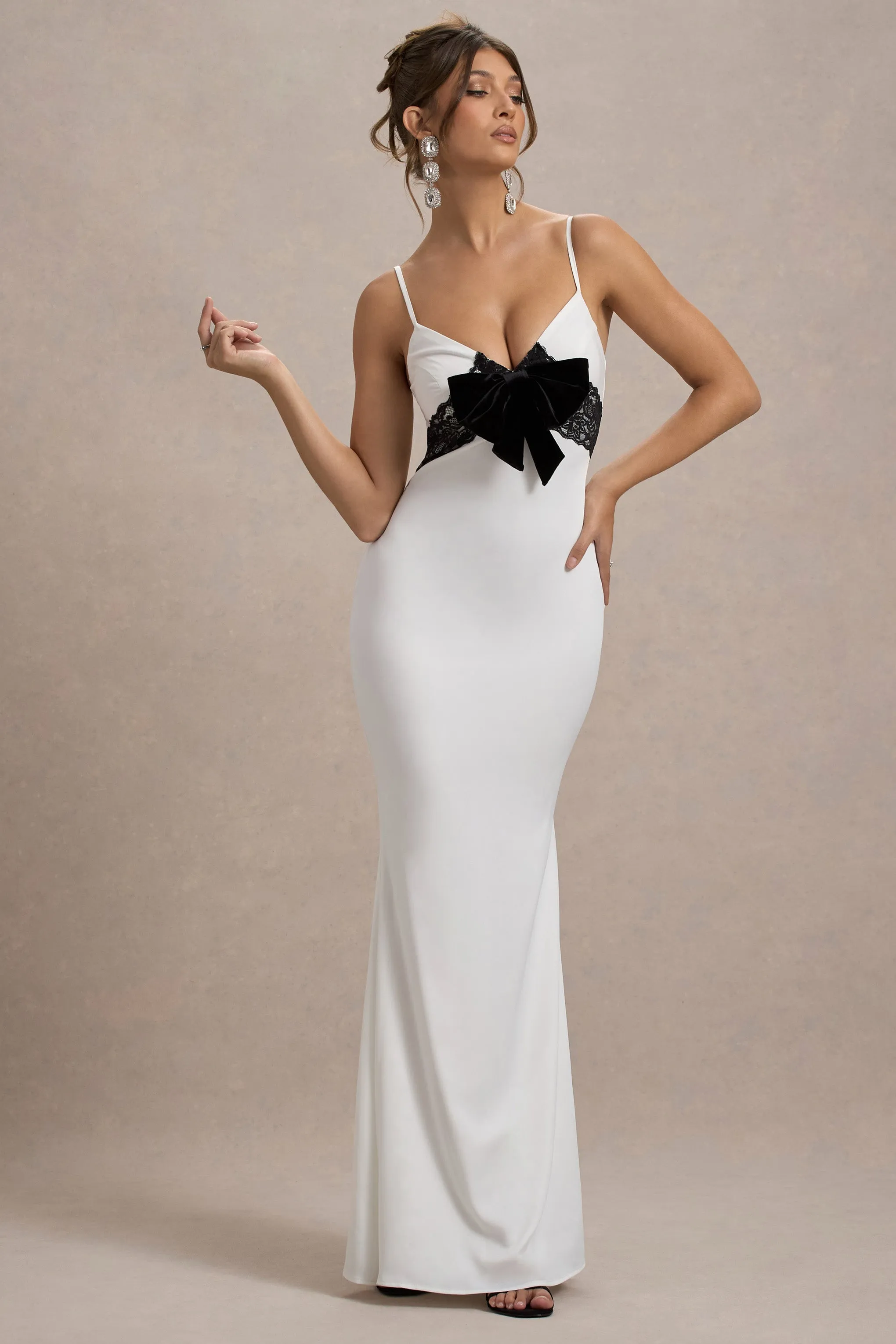 Rumi | White Satin Strappy Maxi Dress With Velvet Bow