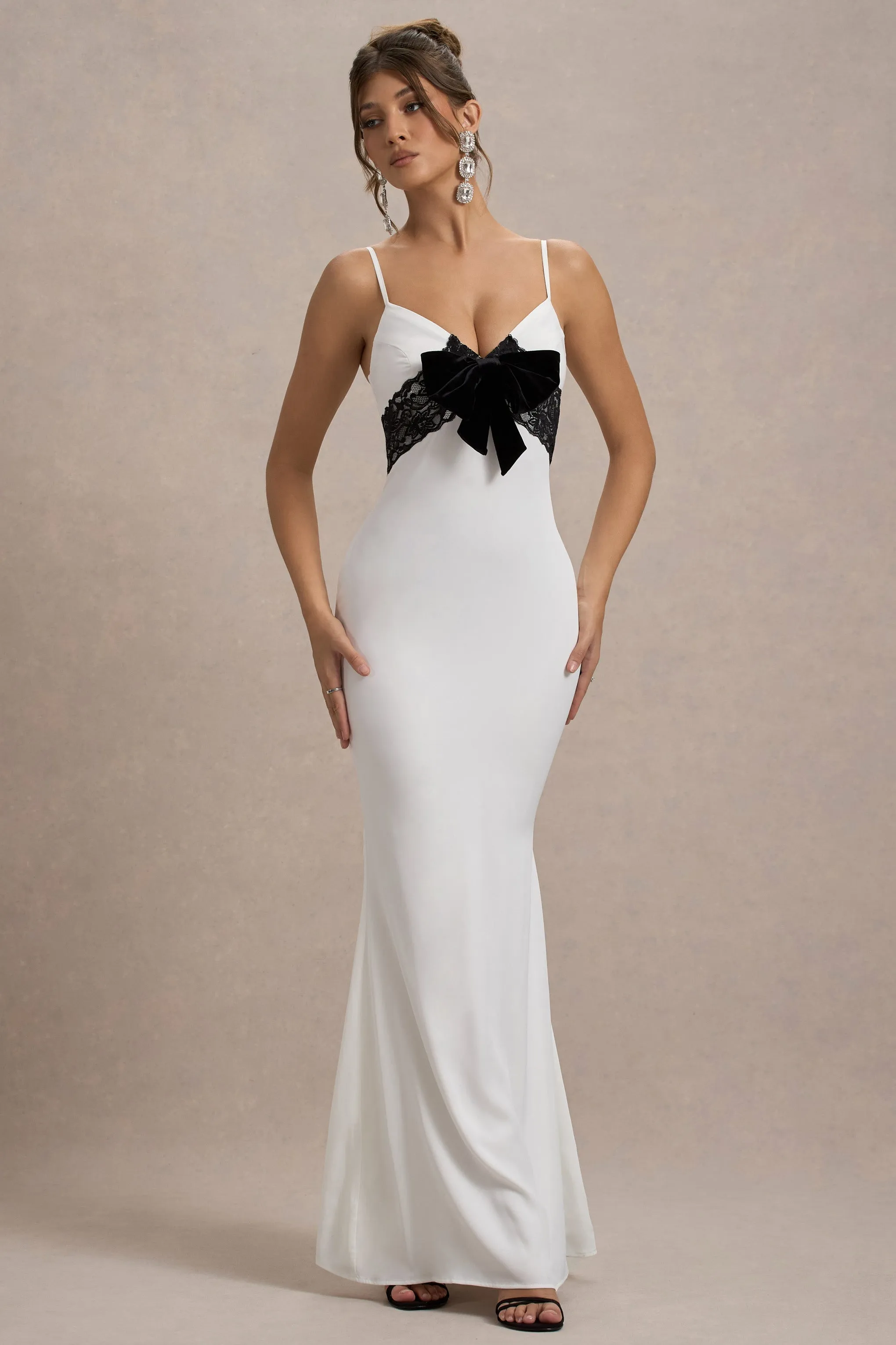 Rumi | White Satin Strappy Maxi Dress With Velvet Bow