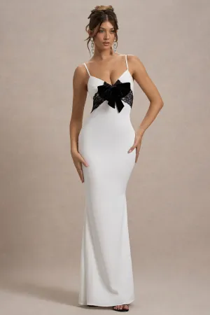 Rumi | White Satin Strappy Maxi Dress With Velvet Bow