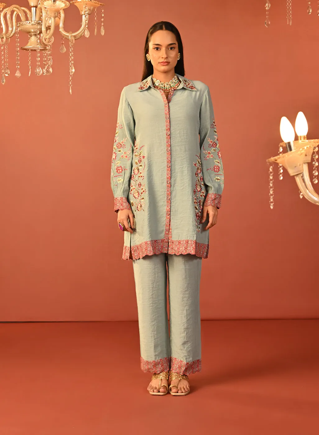 Sabeena Sea Blue Embroidered Cotton Linen Co-ord Set for Women