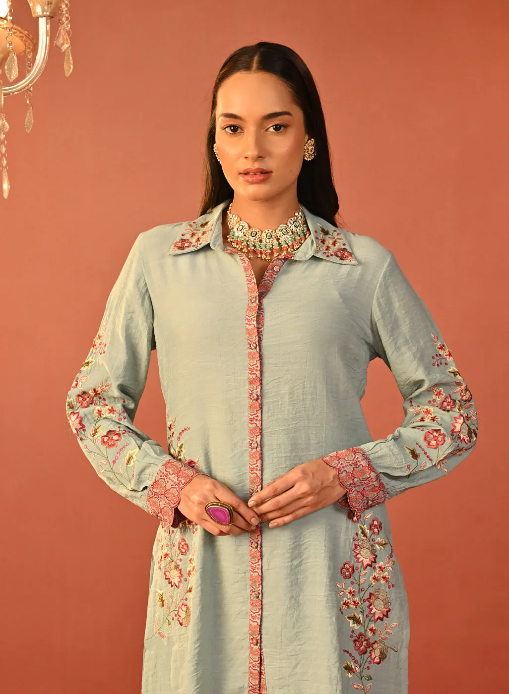 Sabeena Sea Blue Embroidered Cotton Linen Co-ord Set for Women